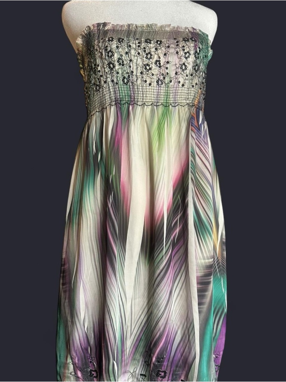 Lapis Strapless Feather-Print Smocked Dress in Teal, Purple & Pink